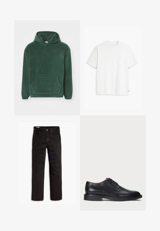 Mørkegrøn fleece hoodie med kængurulomme, elastiske manchetter, justerbar snørrelse i hætten og broderet logo på brystet.; Hvid bomulds T-shirt med korte ærmer, rund hals og en diskret Levi's logo trykt i midten. Blød tekstur og standard pasform.; Sorte lige bukser i denim med fem lommer, knaplukning og bæltestropper, lagt fladt ud på en hvid baggrund.; Sorte læder dress sko med rund tå, snørelukning og en lav stablet hæl. Glat tekstur med minimale syningsdetaljer.