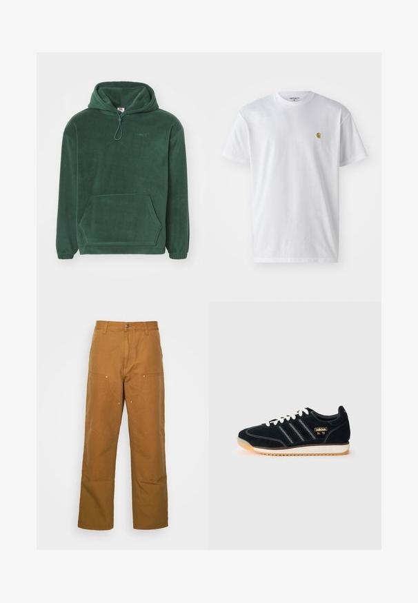 Felpa con cappuccio verde scuro in fleece, dotata di tasca a marsupio, polsini elasticizzati, cappuccio regolabile con cordino e logo ricamato sul petto.; T-shirt bianco in cotone con maniche corte, con colletto girocollo, caratterizzato da un piccolo logo dorato sulla parte sinistra del petto. Tessuto morbido e vestibilità regolare.; Pantaloni utility in cotone marrone con design a gamba dritta, dotati di tasche anteriori e dettagli in metallo per una maggiore durata.; Sneaker in suede nero con lacci bianchi, tre strisce bianche sul lato, dettagli testurizzati e suola in gomma con una leggera sfumatura arancione.