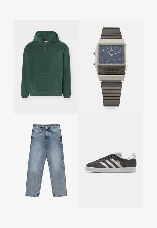 Dunkelgrüner Fleece-Hoodie mit Kängurutasche, elastischen Bündchen, verstellbarem Kordelzug an der Kapuze und gesticktem Logo auf der Brust.; Hellblaue Jeans aus Denim mit geradem Schnitt, sichtbaren Nähten, fünf Taschen-Design und einem Knopfverschluss an der Taille.; Graue Wildledersneaker mit weißen Streifen und goldenem "Gazelle"-Logo. Mit Gummisohle und Schnürdesign sowie gepolstertem Kragen.; Casio Digitaluhr mit blauem Zifferblatt, silbernem Gehäuse und geschichtetem schwarzen Gummiband. Zeigt Uhrzeit und Alarm Einstellungen an. Wasserdicht.
