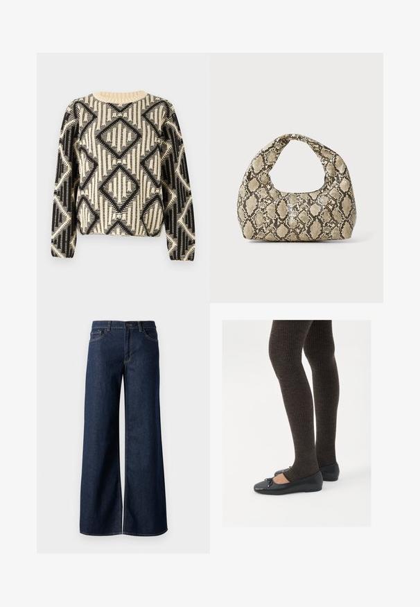 Crna i krem pulover s uzorkom koji prikazuje geometrijski dizajn dijamanta, okrugli izrez i duge rukave s rebrastim manžetama.; Široke traperice u tamnoplavoj denim boji. Sadrže kontrastno šivanje, pet džepova i kopčanje na dugme u struku. Glatka tekstura.; Crne ravne cipele s malim mašnom na vrhu prstiju, uparene s tamnosmešnim rebrovanim čarapama. Cipele imaju glatku teksturu i nizak profil.; Torba s uzorkom zmije s zakrivljenom drškom. Izrađena od teksturiranih materijala u bež i smešnim tonovima, sa karakterističnim dijamantnim uzorkom.