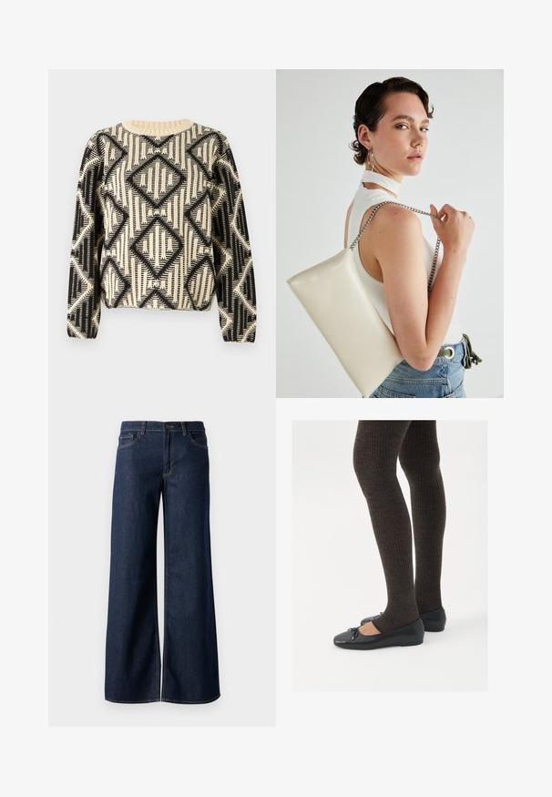 Sort og cremefarvet mønstret sweater med et geometrisk diamantdesign, rund halsudskæring og lange ærmer med ribkant.; Bredde ben jeans i mørkeblå denim. Har kontrastsyninger, fem lommer og en knaplukning i taljen. Glat tekstur.; Sorte flade sko med en lille sløjfedetalje ved tåen, parret med mørkebrune ribbede strømpebukser. Skoene har en glat overflade og lav profil.; Hvid rektangulær clutch-taske lavet af skinnende materiale, med en sølv kædetransport. Modellen poser, mens hun fremviser tasken mod en ensfarvet baggrund.