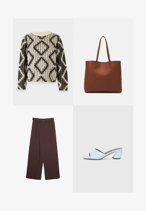 Pull noir et crème à motifs avec un design géométrique en losanges, encolure ronde et manches longues avec des poignets côtelés.; Stradivarius WIDE-LEG WITH BUCKLE DETAIL - Pantalon classique - dark brown; Mules à talons ouverts bleu clair avec un design géométrique, dotés d'une large bride sur le pied et d'un talon épais et angulaire.; Sac fourre-tout en cuir marron avec une texture lisse, design à ouverture supérieure et deux poignées pour le porter à l'épaule. Présente des coutures minimales et aucun matériel visible.