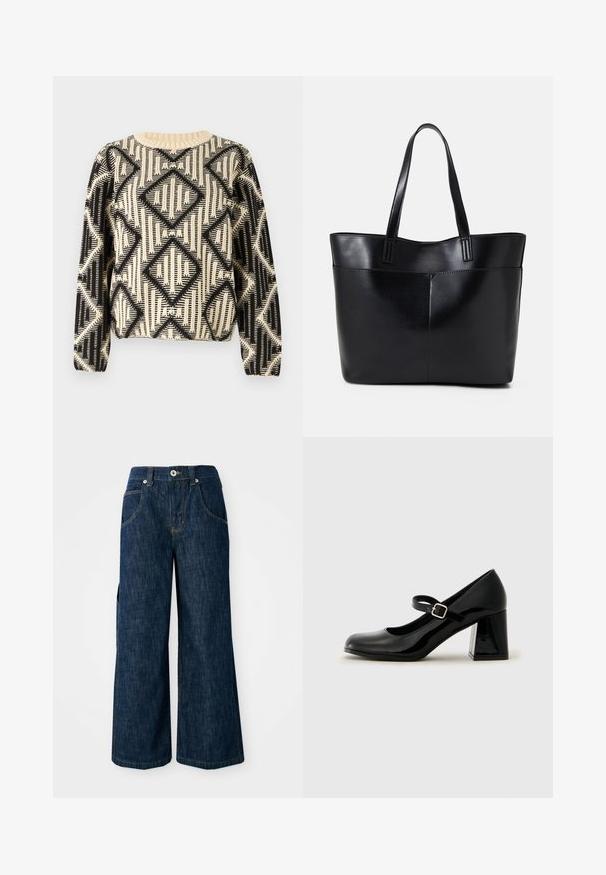 Fekete és krémszínű mintás pulóver, amely geometrikus gyémántmintával, kerek nyakkivágással és hosszú ujjakon bordázott mandzsettákkal rendelkezik.; Sötétkék farmer széles szárú nadrág, magas derékkal, elülső zsebekkel és kontrasztvarrással. Az anyag sima tapintású és strapabíró.; Fekete lakkbőr Mary Jane cipő, lekerekített orral, állítható pánttal és vaskos téglalap alakú sarokkal. Simább textúrájú, fényes felülettel.; Fekete bőr bevásárlótáska két hosszú fogantyúval, sima felülettel és strukturált formával. Elülső zseb található rajta a plusz tárolás érdekében.