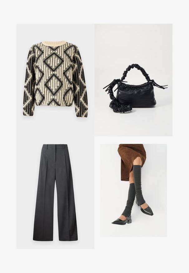 Pull noir et crème à motifs avec un design géométrique en losanges, encolure ronde et manches longues avec des poignets côtelés.; Pantalons à jambes larges en tissu gris foncé, avec une taille haute, des plis simples et une texture lisse avec une finition soignée aux ourlets.; Chaussures à bout pointu en cuir verni noir avec un talon bloc et une bride à la cheville, accompagnées de jambières en maille grise et d'une jupe en daim marron.; Sac à main en simili cuir noir avec une texture crocodile, un dessus resserré et une sangle froncée. A l'apparence douce et compacte.