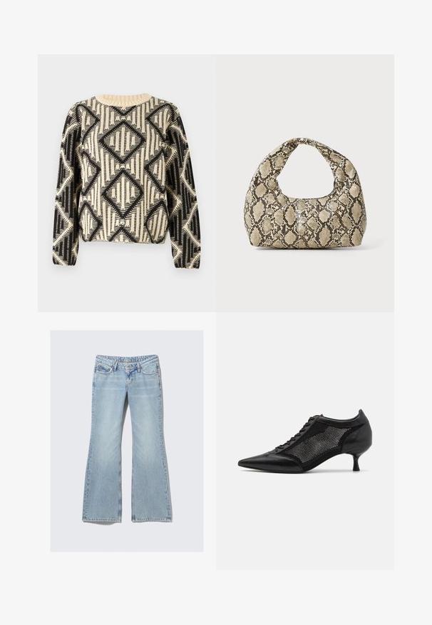 Juodos ir kremiškos spalvų raštuotas megztinis su geometriniu deimanto raštu, apvalia iškirpte ir ilgomis rankovėmis su ribotais rankogaliais.; Weekday NOVA - Prigludę džinsai - lip blue; Juodi bateliai su smailiu pirštu ir tinklinėmis detalėmis, turintys žemą kulną ir raištelių uždengimą. Pagaminti iš odos ir tinklinės medžiagos derinio.; Gyvatės rašto rankinė su kreiviu rankenėle. Pagaminta iš tekstūruotų smėlio ir rudos spalvos medžiagų, su išskirtiniu rombo raštu.