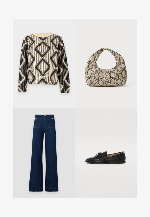 Pull noir et crème à motifs avec un design géométrique en losanges, encolure ronde et manches longues avec des poignets côtelés.; Jeans larges bleu foncé à taille haute, avec des accents de boutons dorés, deux poches à l'avant et à l'arrière, et des coutures contrastantes. Tissu en denim texturé.; Mocassins en cuir noir avec un nœud lié, présentant des œillets dorés le long des côtés et une semelle en caoutchouc plate. Texture lisse, design classique.; Sac à main en motif serpent avec une poignée incurvée. Fabriqué à partir de matériaux texturés beiges et bruns, présentant un motif en diamant distinctif.