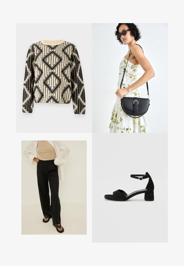 Maglione a righe nere e crema con un design geometrico a diamante, scollatura rotonda e maniche lunghe con polsini a coste.; Pantaloni neri a vita alta con gamba larga, realizzati in tessuto leggero, caratterizzati da pieghe frontali e una trama liscia. Abbinati a semplici flip-flop neri.; Sandali con tacco in suede nero, con una sottile fascia alla caviglia, design open toe e un discreto tacco a blocco. Texture liscia e decorazioni minime.; Borsa a tracolla nera in pelle con una forma curva, manico rimovibile e accessori dorati. La borsa presenta una patta con un dettaglio a fibbia.