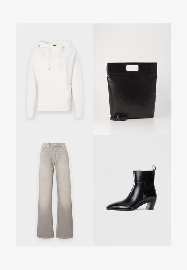 Biała bluza z kapturem, z troczkami, z logo, z ściągaczami na rękawach i dolnej krawędzi. Haftowane logo na rękawie; miękki, teksturowany materiał.; Szare dżinsy o szerokich nogawkach z wyblakłym wykończeniem, zapięcie na guzik, pięć kieszeni oraz przeszycia wzdłuż szwów.; Czarne skórzane botki do kostki z wąskim noskiem, geometrycznie uformowanym, grubym obcasem oraz pętlą z tyłu. Gładka faktura i elegancki design.; Czarna skórzana torba na ramię z kwadratowym uchwytem, z teksturowanym wykończeniem i wytłoczonym logo. Zawiera odpinany pasek.