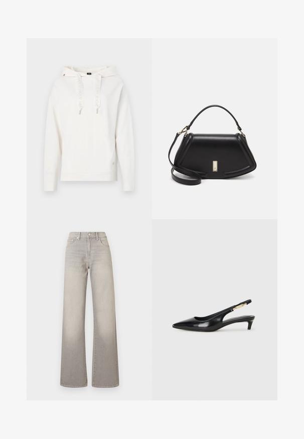 Vit tröja med huva, dragband med logotyp, ribbade ärmslut och nederkant. Broderad logotypdetalj på ärmen; mjukt, texturerat tyg.; Grå vidbenade jeans med en blekt finish, knappstängning, femficksdesign och sömnad detaljer längs sömmarna.; Svart läder slingback-hälar med spetsig tå, med en smal klack och en guldtonad detalj på den justerbara remmen. Slät textur.; Svart läderhandväska med en strukturerad design, som har en avskuren form, ett handtag upptill och guldiga detaljer. Justerbar axelrem ingår.