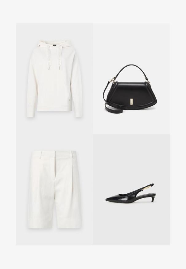 White sweatshirt with a hood, drawstrings featuring logo, ribbed cuffs, and hem. Embroidered logo detail on sleeve; soft, textured fabric.; Light-colored tailored shorts made of cotton, featuring a flat front, pleats, and a straight cut. Smooth texture with a classic finish.; Black leather slingback heels with a pointed toe, featuring a slim heel and a gold-tone accent on the adjustable strap. Smooth texture.; Black leather handbag with a structured design, featuring a cropped shape, top handle, and gold hardware accent. Adjustable shoulder strap included.