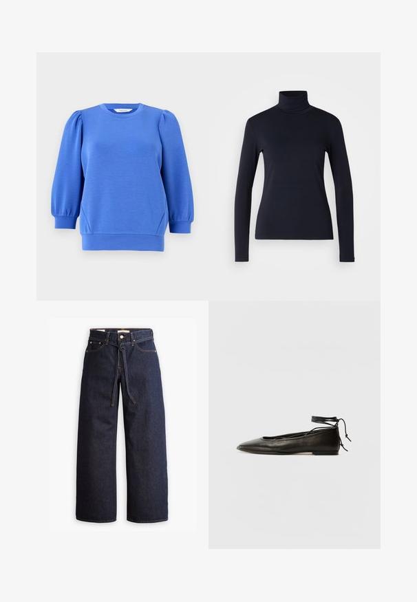 Blå genser med lange, puffede ermer, rund hals og ribbestrikkede mansjetter. Glatt tekstur og avslappet passform.; Marineblå turtleneck langermet topp. Laget av mykt stoff med en glatt tekstur. Har en tettsittende design og høy krage uten synlige sømmer.; Viddeben mørkeblå denim jeans med høy midje, som har snøring, fem lommer og kontraststing.; Svarte lær balletflater med spiss tå, ankelbånd og flat såle, som har en glatt tekstur og minimalistisk design.