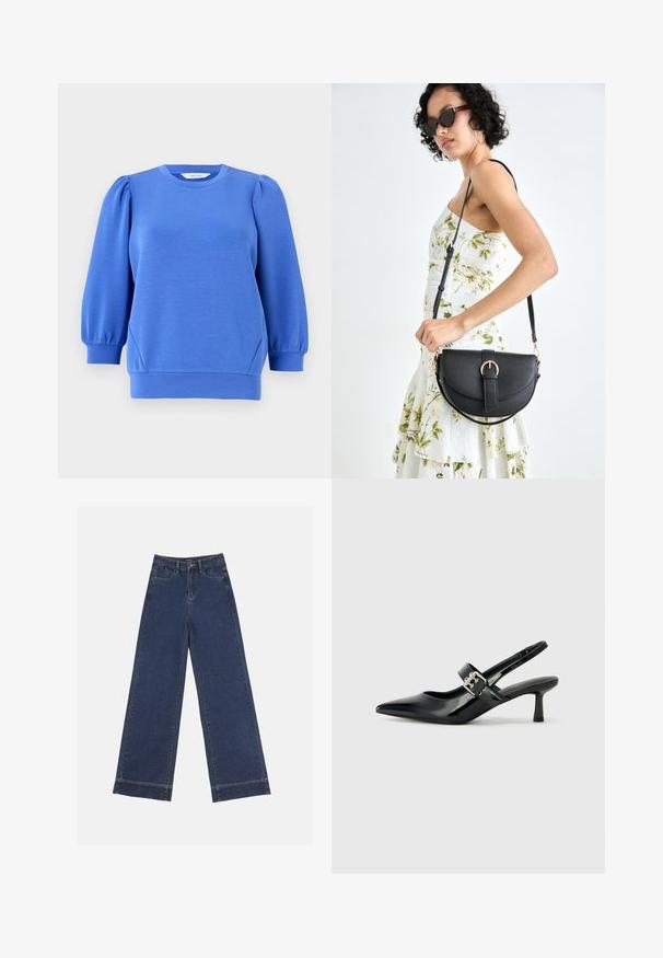 Maglione blu con maniche lunghe a palloncino, scollatura rotonda e polsini a coste. Texture liscia e vestibilità comoda.; Jeans a gamba larga in denim blu scuro. Presentano cinque tasche, passanti per cintura e un orlo grezzo in fondo con dettagli di cucitura visibili.; Décolleté neri in vernice con punta affilata e tacco a blocco piccolo, dotati di un accentuato con fibbia argentata sulla cinturino.; Borsa a tracolla nera in pelle con una forma curva, manico rimovibile e accessori dorati. La borsa presenta una patta con un dettaglio a fibbia.