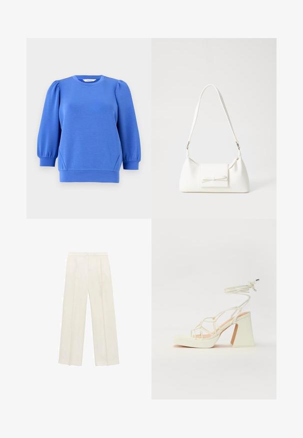 Sudadera azul con manga larga abombada, escote redondo y puños acanalados. Textura suave y corte relajado.; Pantalones de pierna ancha en un color crema claro. Fabricados con un tejido suave, con pliegues en la parte delantera y bolsillos laterales.; Sandalia de tacón alto blanca con un tacón grueso, que presenta un diseño de tiras y un lazo en el tobillo. Textura suave con una plataforma en la parte delantera para mayor altura.; Bolso sintético blanco con forma triangular, tapa frontal plana y detalle de lazo, correa ajustable, textura suave y diseño minimalista.