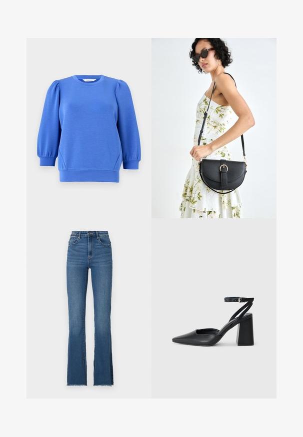 Blue pullover sweatshirt with long, puffed sleeves, round neckline, and ribbed cuffs. Smooth texture and relaxed fit.; Flared blue denim jeans with a high waist, featuring a frayed hem and five pocket design. Smooth texture with subtle fading.; Black leather pointy-toe pump with an ankle strap and a chunky heel. Flat texture, sleek design, and minimalistic aesthetics.; Black leather handbag with a curved shape, detachable strap, and gold hardware. The bag features a flap with a buckle detail.