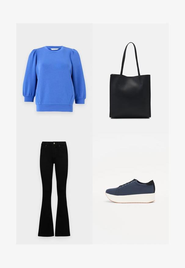 Kék pulóver, hosszú, puffos ujjal, kerek nyakkivágással és bordázott mandzsettákkal. Simaszövet és laza fazon.; Fekete, magas derekú farmernadrág gomb- és cipzárzárral, elülső zsebekkel és harangszárral, laposan egy fehér háttérre terítve.; Sötétkék sportcipő, texturált szövet felsőrész, fehér platform talp, lekerekített orr és fekete sarok akcentussal. Hat fűzőlyuk található rajta.; Fekete bőrtáska sima felszínnel, téglalap alakú, két hosszú füllel. Nincs látható fémkiegészítő vagy díszítés.