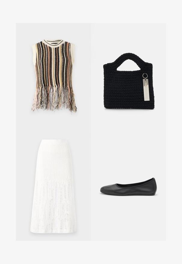 Débardeur en tricot sans manches avec des rayures verticales en noir, crème, rose et or. Il présente un ourlet à franges et un col côtelé.; Jupe midi en tricot blanche présentant un motif texturé avec des lignes verticales et des découpes près de l'ourlet. Taille élastique. Matériau doux.; Ballerines en cuir noir avec un bout rond, texture lisse, détails de couture minimalistes et design de semelle flexible.; Won Hundred MARSIELLE COMPUTER BAG UNISEX - Sac ordinateur - black