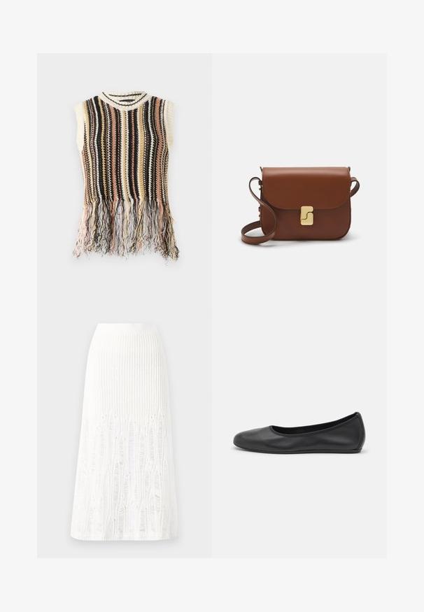 Knit sleeveless top with vertical stripes in black, cream, pink, and gold. Features a fringed hem and ribbed collar.; Knit white midi skirt featuring a textured pattern with vertical lines and cut-out details near the hem. Elastic waistband. Soft material.; Black leather ballet flat with a rounded toe, smooth texture, minimal stitching detail, and a flexible sole design.; Brown leather handbag with a flap closure, gold-tone hardware, a shoulder strap, and a smooth texture. Compact rectangular shape.