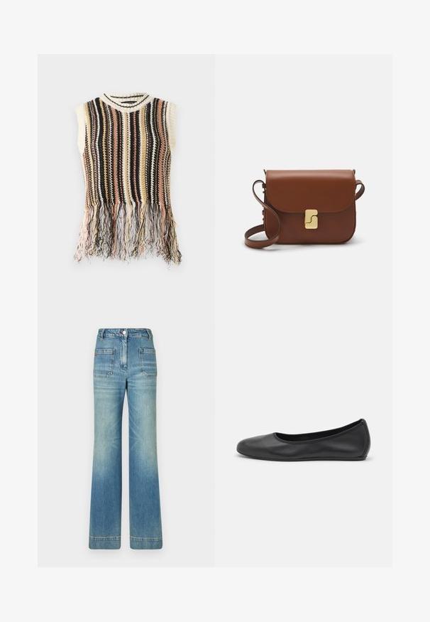 Top tricotat fără mâneci, cu dungi verticale în negru, crem, roz și auriu. Prezintă un tiv franjurat și un guler cu model în relief.; Tricou alb cu mânecă scurtă, confectionat dintr-un material texturat. Gât rotund, tăietură regulară și detalii subtile de cusătură. Fără modele sau grafice.; Jeans din denim albastru deschis, cu talie evazată, cinci buzunare, bucle pentru curea, închidere cu nasture și o textură ușor decolorată, având un detaliu cu logo roșu pe spate.; Balerini din piele neagră, cu vârf rotund, textură netedă, detalii de cusătură minimale și un design al tălpii flexibil.; Geantă de piele maro cu închidere tip capac, accesorii de culoare aurie, curea de umăr și o textură netedă. Formă compactă și rectangulară.
