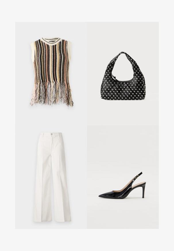Knit sleeveless top with vertical stripes in black, cream, pink, and gold. Features a fringed hem and ribbed collar.; White wide-leg trousers made from cotton with a smooth texture. Features a front button, zipper fly, and four-pocket design.; Black patent leather slingback pump with pointed toe, slim heel, and a subtle cutout design. Features a gold buckle on the strap.; Black leather handbag with a curved handle, featuring a pattern of metallic studs evenly distributed across the surface. Zipper closure.