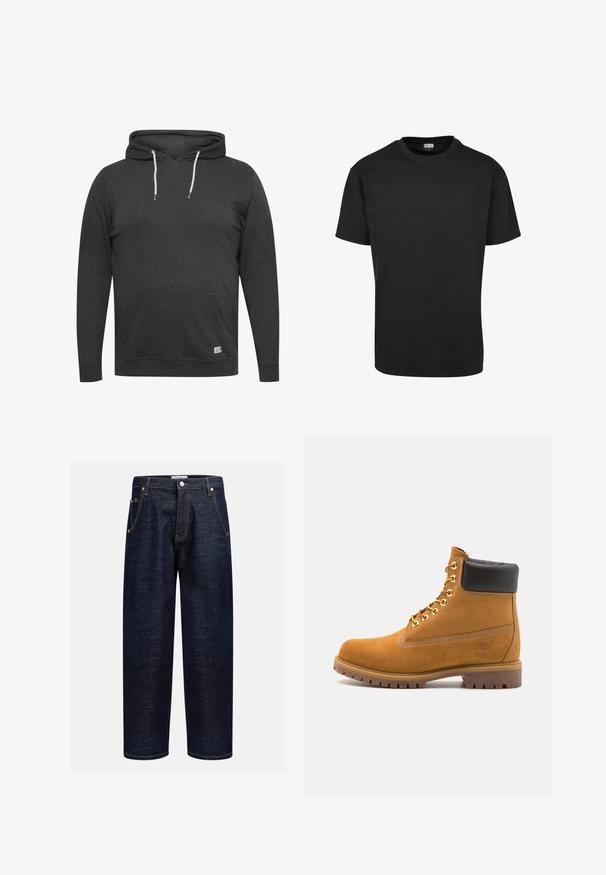 Dunkelgrauer Hoodie aus weichem, gemischtem Stoff. Verfügt über eine Fronttasche, verstellbare Kordeln und gerippte Bündchen und Saum.; Schwarzes Baumwoll-T-Shirt mit Rundhalsausschnitt, kurzen Ärmeln und geradem Saum. Glatte Textur; schlichtes, ungeschmücktes Design.; Dunkelblaue Jeans im geraden Schnitt, ausgestattet mit fünf Taschen, Kupferriegeln und kontrastierendem Nähen entlang der Nähte.; Beige Wildleder-Ankle-Boot mit schwarzem gepolstertem Kragen, goldenen Metallösen, weißen Nähdetalben und einer robusten Gummisohle mit ausgeprägtem Profil.