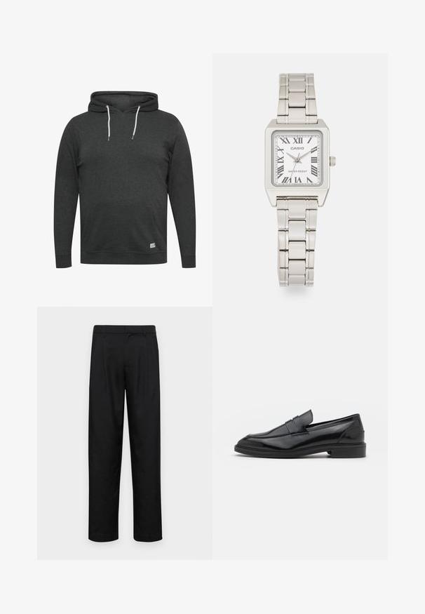 Tumehallist pehmest segakudumist valmistatud kapuutsiga pusa. Omab esikotit, reguleeritavaid nööre ja soonikust mansette ning ääre.; Mustad mustadest riietest, millel on sirge jalgade disain, kaks eesmist voltimist ja tavaline vöökoht, millel on vöökohad.; Mustad nahast loafers, millel on sile viimistlus, ümar varvas ja kitsas riba peal. Madal kühveldatud konts.; Hõbedane metalne randmekell ruudukujulise korpusega, valge puutähega, rooma numbritega ja hõbedaste kettidega rihmaga. Omab veekindlat disaini.