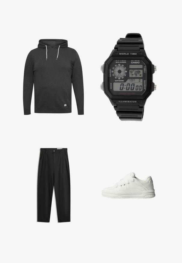 Felpa con cappuccio grigia scura realizzata in morbido tessuto misto. Caratterizzata da una tasca frontale, cordini regolabili e polsini e orlo a coste.; Pantaloni in cotone neri con una vestibilità rilassata, dotati di una vita classica, pieghe frontali e tasche laterali. Tessuto liscio senza fantasie.; Sneaker bianche con un esterno in pelle liscia, linguetta imbottita, lacci piatti e accenti testurizzati sui lati e sul tallone.; Orologio digitale da polso con cinturino in gomma nera, cassa rettangolare e lente. Visualizza l'ora, la mappa del fuso orario mondiale e pulsanti per la sveglia e la luce.