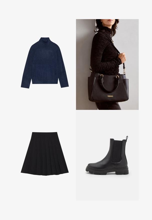 Navy turtleneck sweater featuring ribbed detailing on the collar and cuffs, made from a soft, textured knit fabric with a relaxed silhouette.; Black pleated skirt made of textured fabric with a fitted waistband. Falls to knee length, featuring a smooth, clean silhouette.; Black leather ankle boot with elastic side panels, rounded toe, and textured rubber sole. Features a loop at the back for easy wear.; Black handbag with textured surface, dual top handles, and adjustable shoulder strap. Features gold-tone hardware and side pockets.