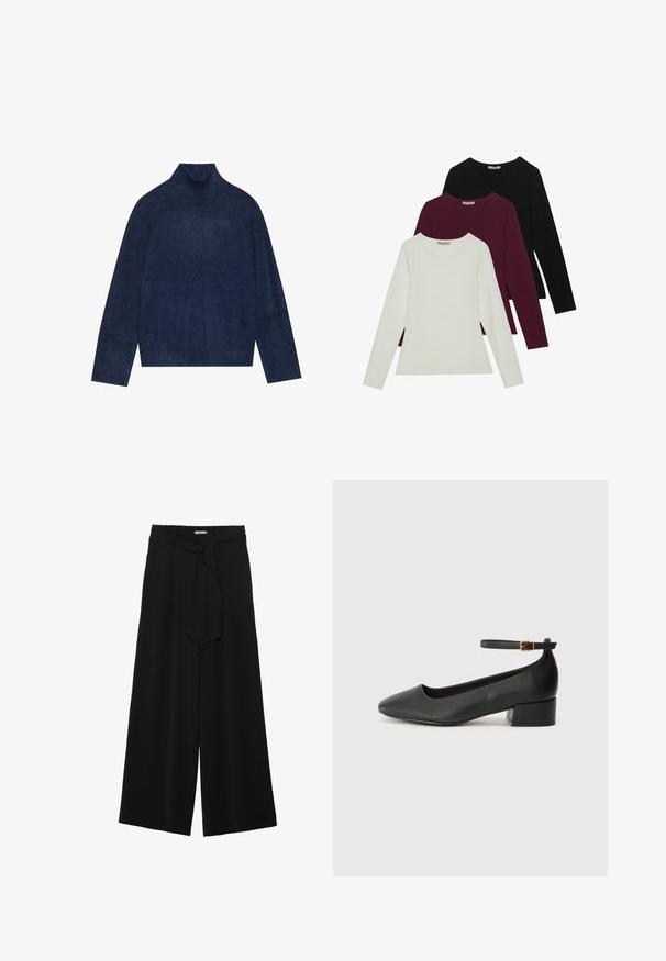 Pulover cu guler înalt de culoare bleu marin, cu detalii reliefate la guler și manșete, realizat dintr-un material tricotat moale și texturat, având o siluetă lejeră.; Tricouri cu mânecă lungă în alb, burgundy și negru. Realizate dintr-un material moale, cu un guler rotund și un design ajustat. Potrivite pentru straturi.; Pantaloni largi negri dintr-un material texturat, cu un tiv elastic și o panglică detașabilă la talie pentru un fit ajustabil.; Pantof cu toc negru din piele, cu vârf ascuțit și toc mic pătrat. Dispune de o curea la gleznă cu o cataramă în tonuri de aur. Textură netedă.