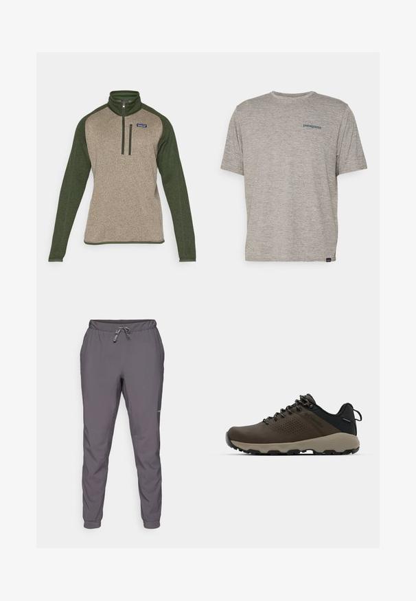 Polovica zadrge pulover v bež in temno zeleni barvi. Ima visok ovratnik, kontrastne rokave, žep na zadrgo na prsih in teksturirano tkanino.; Siva majica s kratkimi rokavi iz mehkega, strukturiranega blaga, na levi strani prsnega dela z majhnim modrim logotipom Patagonia. Brez dodatnih vzorcev.; Sive, lahke hlače z elastičnim pasom in nastavljivo vrvico; zožane noge; gladka tekstura; vključuje detajle logotipa na strani.; Rjave vodoodporne superge z teksturiranim zgornjim delom, perforiranimi detajli, črno podporo za peto in sivo gumijasto podlogo. Šnure imajo metalne konice.