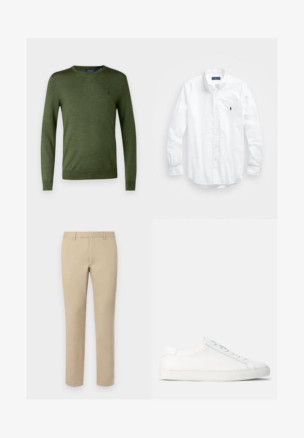Polo Ralph Lauren SLIM FIT WASHABLE WOOL CREWNECK JUMPER - Pulover - classic olive heather; Bela dolg rokav srajca s gumbi iz bombaža. Ima klasičen ovratnik, gumbnice na zapestjih in majhen temno moder vezen logotip na prsih.; Bež hlače iz bombaža s ravnim krojem, ki vsebujejo zanke za pas, ravno sprednjo stran in natančno obdelane robove. Gladka tekstura in minimalno podrobnosti.; Bele usnjene superge z gladko teksturo, zaobljeno obliko, ravnim gumijastim podplatom in belimi vezalkami. Imajo minimalističen dizajn in subtilno blagovno znamko.