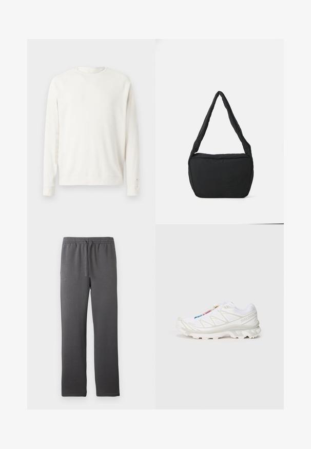 Biela mikina s dlhým rukávom a rebrovanou textúrou, s okrúhlym výstrihom a manžetami. Má voľný strih a jemné detaily prešívania.; Sivé športové nohavice s elastickým pásom, sťahovacou šnúrkou a hladkou textúrou. Má priame nohy a žiadne viditeľné vrecká.; Biele športové topánky s textúrovaným sieťovinovým zvrškom, reflexnými akcentmi a odpruženou podrážkou. Výrazné logo značky na boku.; Čierna ramenná taška s polstrovanou textúrou, zaobleným tvarom a širokým popruhom, s embosovaným logom na prednej strane.