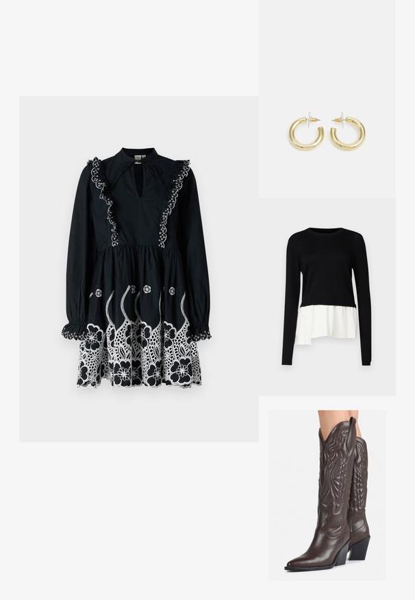 Černý top s dlouhým rukávem, který má kontrastní bílý volánkový lem, kulatý výstřih a jemnou texturu. Navržen s uvolněným střihem.; Černé šaty s dlouhými rukávy, volánkovým límcem a vyšívanými bílými květinovými vzory na lemu. Klíčkový výstřih a detailem stahovaného pasu.; Hnědé kožené kovbojské boty s špičatou špičkou a blokovým podpatkem, se zdobným prošíváním a vyvýšenými akcenty na nárazu.; Malá krémová kabelka s texturovaným povrchem, dlouhým nastavitelným popruhem, řetízkovým akcentem a klopou. Ozdobné detaily zlaté barvy.; Zlaté kruhové náušnice s hladkým, lesklým povrchem. Kruhový design s malým kolíčkem a průhledným záznamem pro bezpečné nošení.