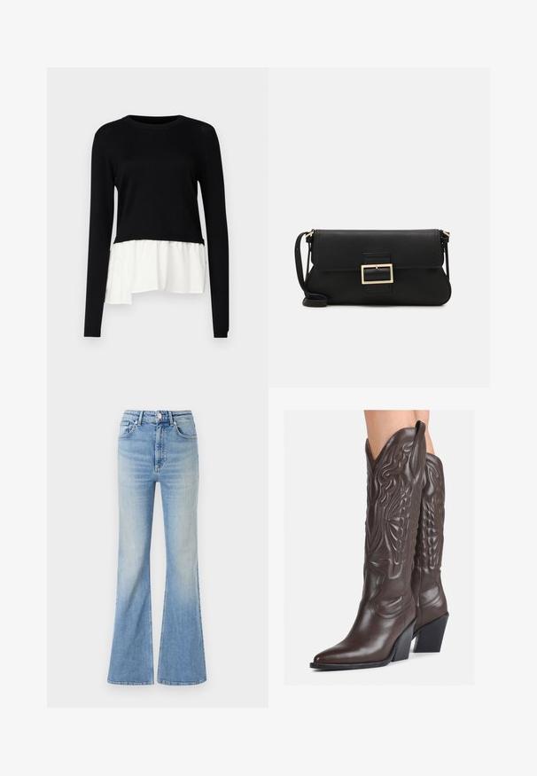 Maglietta nera a maniche lunghe con orlo arricciato bianco a contrasto, scollo rotondo e texture morbida. Disegnata con una vestibilità relaxed.; Jeans flared di colore blu chiaro in denim, dotati di vita alta, design a cinque tasche e una leggera sfumatura verso l'orlo.; Stivali da cowboy in pelle marrone con punta affusolata e tacco a blocco, caratterizzati da dettagliati ricami e accenti rialzati sul gambale.; Borsa a mano in pelle nera con patta e dettaglio in metallo dorato. Include una tracolla nera e un design elegante e minimalista.; Orecchini a cerchio in argento con un design torciglionato, caratterizzati da una finitura lucida e chiusura a perno. Misurano circa 3 cm di diametro.