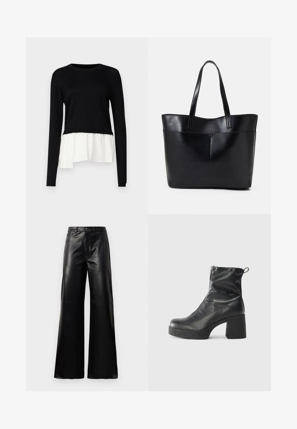 Svart långärmad topp med en kontrasterande vit volangkant, rund halsringning och mjuk textur. Designad med en avslappnad passform.; Svarta högmidjade vida byxor i konstläder med framknapp, dragkedjestängning, bältesöglor och sidofickor på vit bakgrund.; Svarta ankelstövlar i slitstark läder, med sidodragkedja, kraftig strukturerad klack och rundad tådesign.; Svart läder tote-väska med två långa handtag, en slät yta och en strukturerad form. Har en framficka för extra förvaring.
