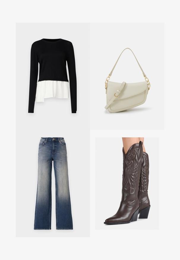 Svart langermet topp med en kontrasterende hvit volangkant, rund hals og myk tekstur. Designet med en avslappet passform.; Høytlivde brede jeans i lys til mørk blå denim med falming, med knappelukking og beltehemper. Rene kanter og ingen synlige dekorasjoner.; Brune skinncowboystøvler med spiss tå og blokkhelt, med detaljerte sømmer og hevede detaljer på skaftet.; Liten kremfarget håndveske med teksturert overflate, lang justerbar stropp, kjedeakenter og klaffelukking. Detaljer i gullfarge.