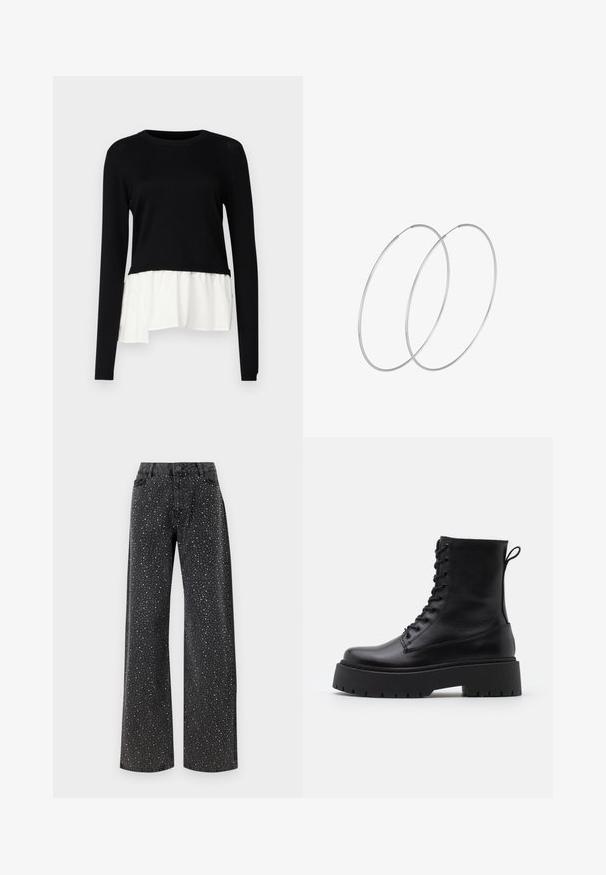 Černý top s dlouhým rukávem, který má kontrastní bílý volánkový lem, kulatý výstřih a jemnou texturu. Navržen s uvolněným střihem.; Noisy May NMJANNEL LOOSE - Džíny Relaxed Fit - black denim; Černé kožené kotníkové boty s kulatou špičkou, šněrováním na přední straně a silnou gumovou podešví s texturovaným vzorkem. S poutkem vzadu.; Stříbrné kruhové náušnice s minimalistickým designem. Kruh, hladký povrch a tenký profil. Lehká konstrukce s lesklým povrchem.