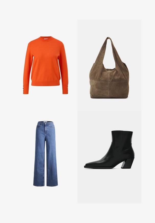 Pull en tricot orange avec un col montant, des manches longues et des accents de boutons aux poignets. Texture lisse et conception légèrement ajustée.; Jean large en denim bleu clair avec taille haute, deux poches avant et coutures visibles. Fermeture à bouton et à zip.; Bottine en cuir noir avec un bout pointu, une silhouette élégante et un talon carré massif. Texture lisse avec des détails de couture minimalistes.; Sac hobo en daim marron avec une seule bandoulière, texture douce et forme arrondie. Présente une couture au milieu pour un détail supplémentaire.