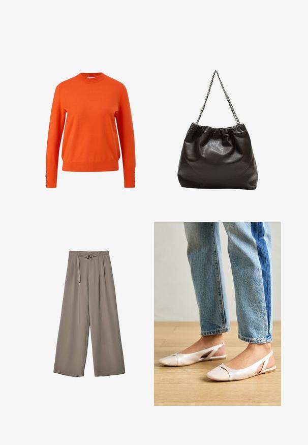 Orangenes Strickpullover mit hohem Kragen, langen Ärmeln und Knopfdetails an den Bündchen. Glatte Textur und leicht taillierte Passform.; Weite Hose aus einem weichen, gedämpften grauen Stoff, mit einem taillierten Bund und Falten für zusätzliche Design-Details. Glatte Textur, keine Muster.; Blassrosa Slingback-Ballerinas mit spitzem Punkt, aus einem glatten, lederähnlichen Material. Mit Ausschnitten an den Seiten und einem flachen Absatz.; Braune Lederhandtasche mit gerafftem Oberteil und Kettenriemen. Glatte Textur mit glänzendem Finish und subtilen Nahtdetails an den Seiten.