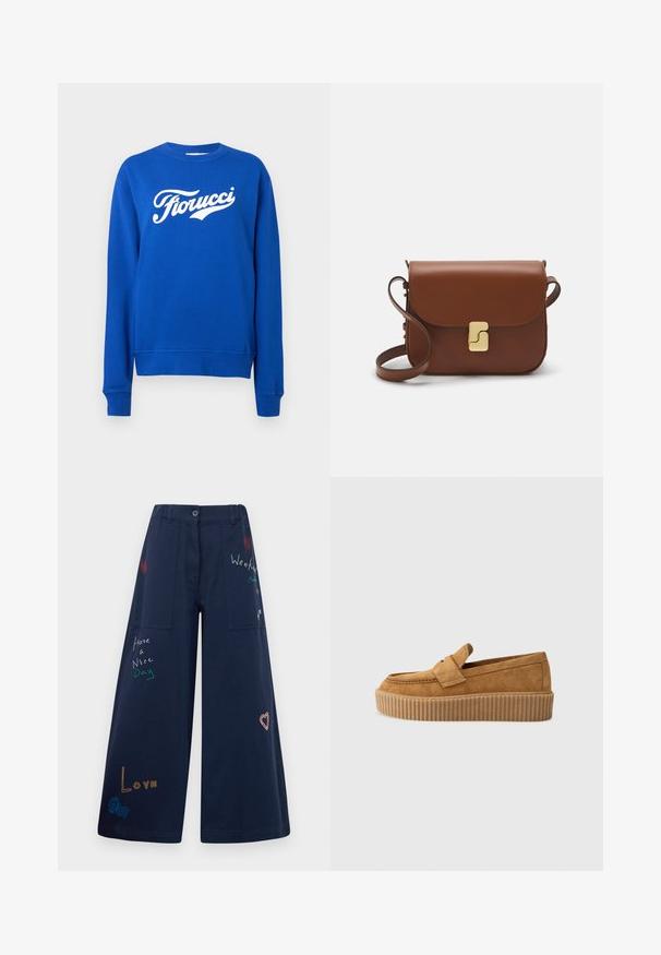 Sweatshirt albastru cu mâneci lungi și text alb "Fiorucci" pe piept, fundal simplu.; Pantaloni largi de culoare bleumarin din bumbac, cu multiple buzunare. Prezintă broderii colorate cu text și grafica, inclusiv inimi și expresii jucăușe.; Mocasini din nubuc maroniu cu vârf rotund, având o talpă platformă cu nervuri și o curea decorativă peste partea superioară.; Geantă de piele maro cu închidere tip capac, accesorii de culoare aurie, curea de umăr și o textură netedă. Formă compactă și rectangulară.