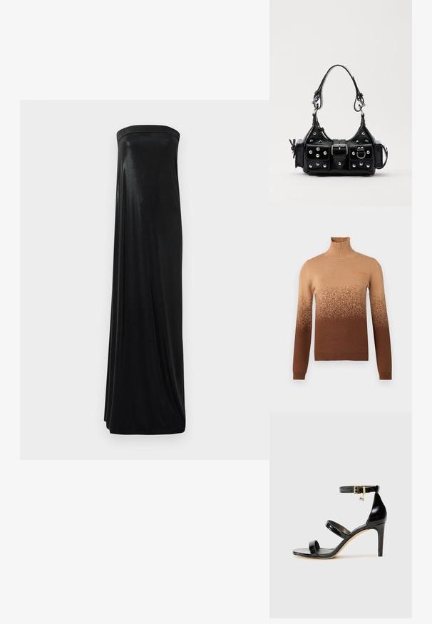 Bruine coltrui met een gradient ontwerp dat begint met lichtere tinten aan de bovenkant en overgaat naar donkerder bruin aan de onderkant. Geborduurd detail.; Zwart strapless maxi-jurk van glanzende, soepele stof. Heeft een getailleerde buste en een vloeiende silhoutte die de vloer raakt, zonder versieringen.; Zwarte gepatineerde leren sandaal met drie banden, enkelgesp en 10 cm hoge stiletto hak. Bevat gouden hardwaredetails en een logo charm.; Zwarte lederen handtas met een gebogen ontwerp, voorzien van zilveren studs, een gesp en twee zijvakken. Verstelbare schouderband voor verschillende draagmogelijkheden.