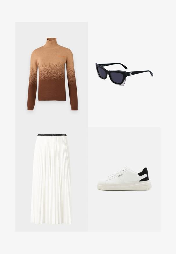 Brązowy sweter z golfem z gradientowym wzorem, który przechodzi od jaśniejszych odcieni na górze do ciemniejszego brązu na dole. Z detalami haftowanymi.; Plisowana biała spódnica z czarnym elastycznym pasem z logo "LACOSTE". Średniej długości, o miękkiej teksturze.; Białe skórzane sneakersy z grubą białą podeszwą, czarnym zamszowym akcentem na pięcie oraz wytłoczonym logotypem z boku. Projekt z sznurówkami i sześcioma dziurkami.; Czarne, oversize okulary przeciwsłoneczne o geometrycznym kształcie, z ciemnymi soczewkami i kontrastującym szarym detalem na oprawie. Logo na ramieniu.