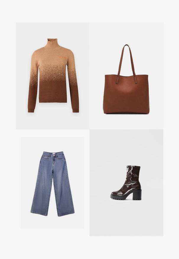 Brown turtleneck sweater featuring a gradient design with lighter shades at the top, transitioning to darker brown at the hem. Embroidered detail.; Wide-leg denim jeans in a light blue wash, featuring a high waist, front pockets, and a button closure with belt loops.; Glossy burgundy ankle boot with a chunky black heel, featuring a smooth texture and simple design. No visible fastenings or patterns.; Brown leather tote bag with a smooth texture, open top design, and two shoulder straps. Features minimal stitching and no visible hardware.