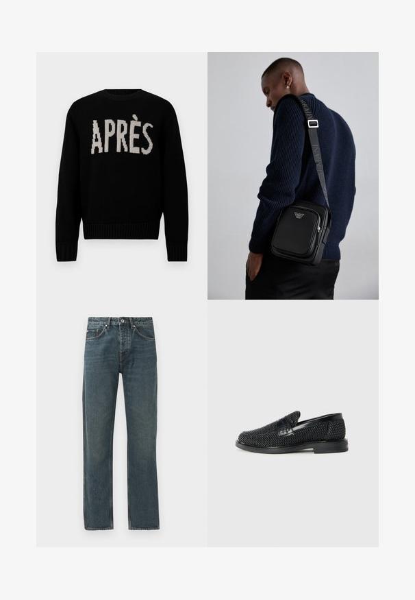 Black knit sweater featuring the word “APRÈS” in contrasting cream. Classic crew neck with ribbed cuffs and hem. Soft texture.; Dark blue denim jeans with a straight leg design, featuring five pockets, a button closure, and contrasting stitching details.; Black woven slip-on shoe with a smooth leather accent on the upper, a round toe design, and a low-profile rubber sole.; Black leather crossbody bag with a zippered compartment, logo detail, and a branded adjustable strap. Worn against a textured navy sweater.