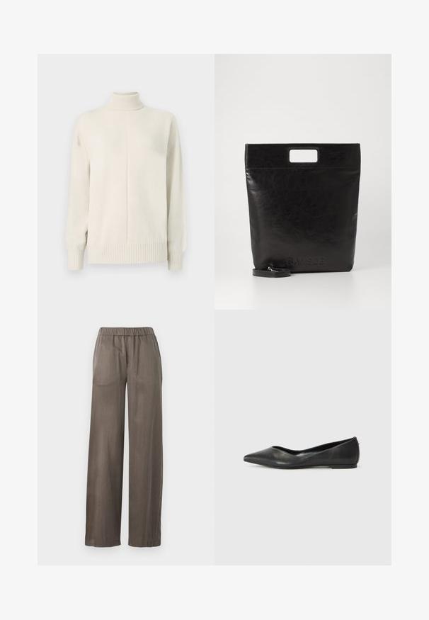 Cremfarbener, gestrickter Rollkragenpullover mit langen Ärmeln und gerippten Bündchen und Saum, auf einem schlichten weißen Hintergrund gezeigt.; Weite Hosen in Dunkelgrau, aus einem glatten Stoff gefertigt. Sie verfügen über einen elastischen Bund und ein lockeres Design für besonderen Komfort.; Schwarze Leder-Ballerinas mit spitzem Zehenbereich, niedrigem Absatz und glatter Textur. Minimalistisches Design mit einem dezenten seitlichen Akzent.; Schwarze Leder-Tote-Tasche mit einem quadratischen Griff, ausgestattet mit einer strukturierten Oberfläche und geprägtem Logo. Inklusive abnehmbarem Tragegurt.