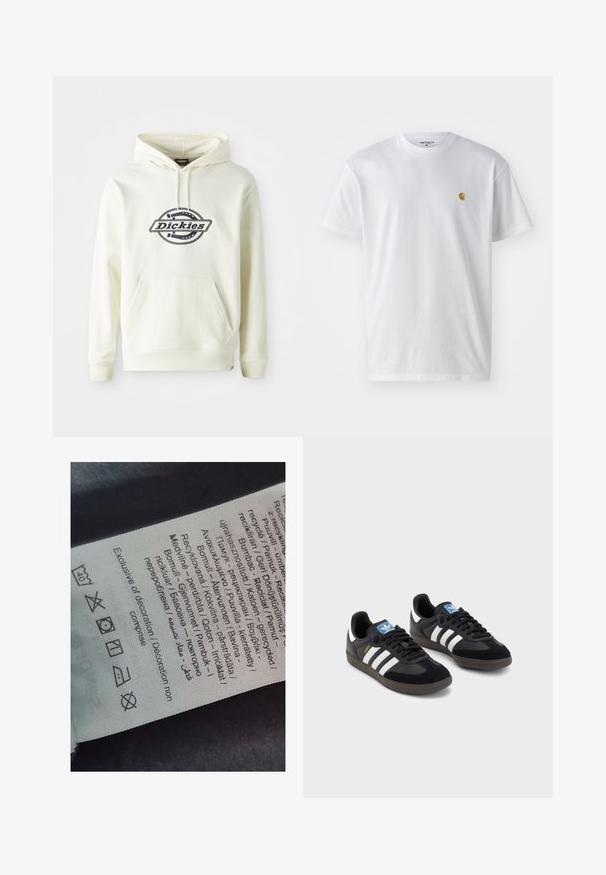 Creme hoodie lavet af blødt stof med en frontlomme. Har et sort logo på et cirkulært design. Ribbede manchetter og stolpe.; Hvid bomulds t-shirt med korte ærmer, rund hals og et lille guld logo på venstre brystområde. Blød tekstur og almindelig pasform.; Et label med flersprogede tekster, pleje symboler og genbrug ikoner, trykt på et blødt stoflignende materiale i lyse farver.; Sorte sneakers med en overdel i ruskind og syntetisk materiale, med tre hvide striber, struktureret gummisål og en blå logoetiket på tungen.