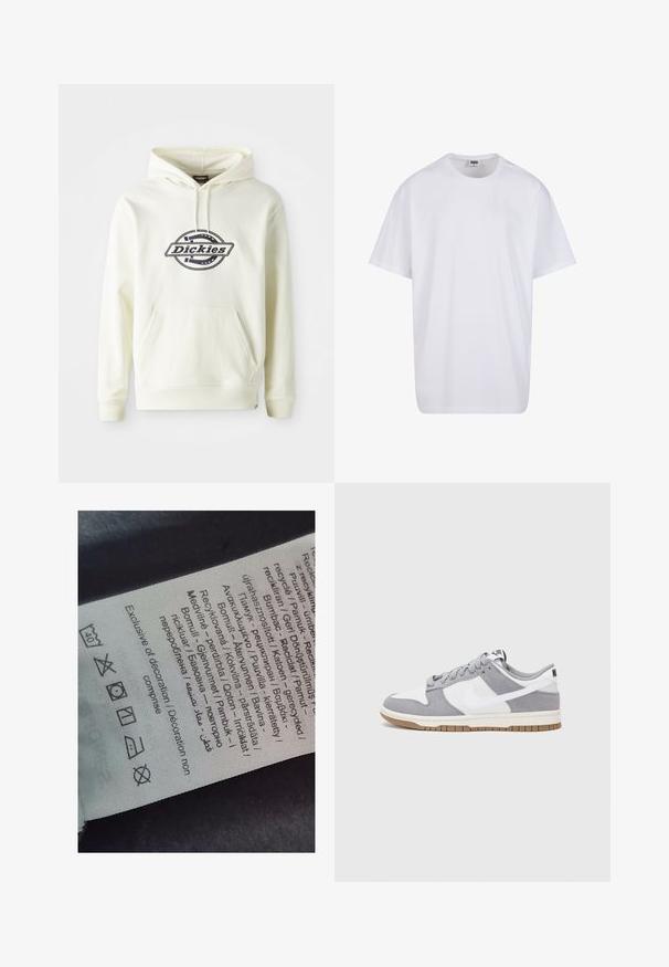 Cremefarbener Hoodie aus weichem Stoff mit einer Fronttasche. Mit einem schwarzen Logo in einem kreisförmigen Design. Gerippte Bündchen und Saum.; Weiße Baumwoll-T-Shirt mit kurzen Ärmeln, rundem Ausschnitt, lockerer Passform und ohne sichtbare Logos oder Muster. Glatte Textur und minimalistisches Design.; Etikett mit mehrsprachigem Text, Pflegehinweisen und Recycling-Symbolen, auf einem weichen, textilähnlichen Material in heller Farbe gedruckt.; Graue und weiße Sneaker mit einem Obermaterial aus Wildleder und Leder, abgerundeter Spitze, flachen Schnürsenkeln und einer Gummisohle mit einem Kautschukakzent.