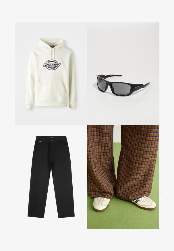 Kremowa hoodie wykonana z miękkiego materiału z przednią kieszenią. Posiada czarne logo w okrągłym wzorze. Żebrowane mankiety i dół.; Czarne jeansy proste o nogawce, z przednim guzikiem i zamkiem błyskawicznym, z pętlami na pasek i pięcioma kieszeniami, leżące na białym tle.; Brązowo-niebieskie spódnice w kratę o szerokich nogawkach zestawione z białymi butami z czarnymi akcentami i teksturowaną podeszwą, na tle zielonego tła.; Czarne okulary przeciwsłoneczne o prostokątnym kształcie, wykonane z trwałego plastiku, z szarymi przyciemnionymi soczewkami i złotym akcentem z boku.
