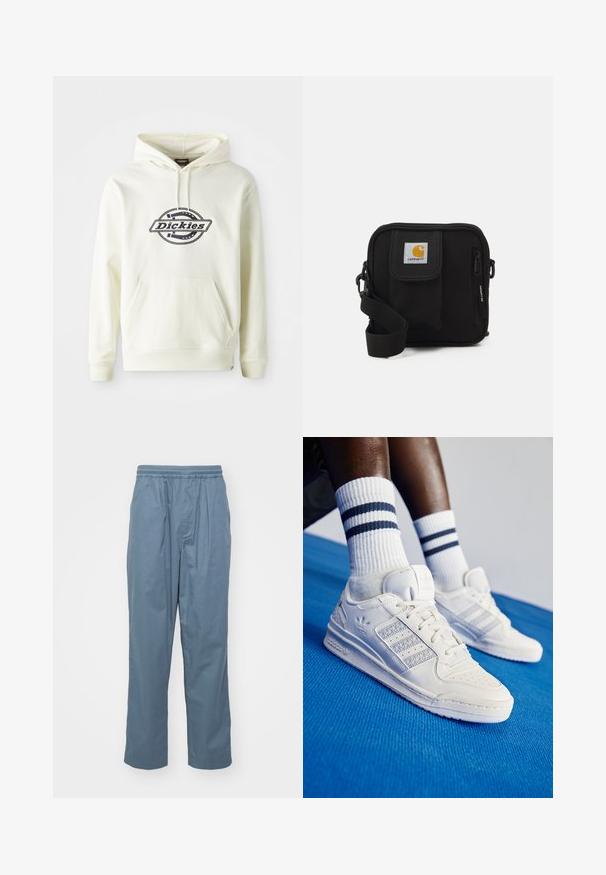 Cream hoodie made of soft fabric with a front pocket. Features a black logo on a circular design. Ribbed cuffs and hem.; Light blue trousers made of cotton, featuring an elastic waistband, pleats at the front, and a loose-fit silhouette. Smooth texture.; White leather sneakers with perforated accents, three metallic stripes, and a textured side panel. Worn with white socks featuring blue stripes.; Black crossbody bag with a zippered main compartment, front pocket, adjustable strap, and a visible logo patch on the flap.
