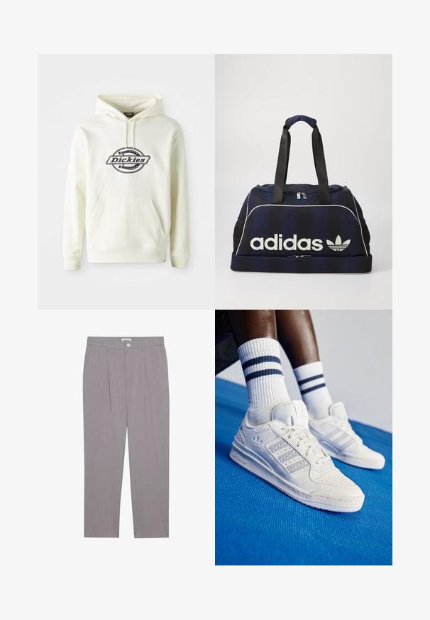 Krema dukserica od mekanog materijala s prednjim džepom. Sadrži crni logo u kružnom dizajnu. Rebrasti manžeti i donji rub.; Sive krojene hlače ravnog kroja, s dva prednja džepa, nabranim detaljima i kopčanjem na dugme. Izrađene od laganog materijala.; Bijele kožne tenisice s perforiranim detaljima, tri metalna pruga i teksturirani bočni panel. Nosi se s bijelim čarapama sa plavim prugama.; Mornarska torba s bijelim Adidas logotipom, sa zatvaračem na vrhu, dva čvrsta crna ručka i bočnim mrežastim džepovima. Glatka tekstura tkanine.