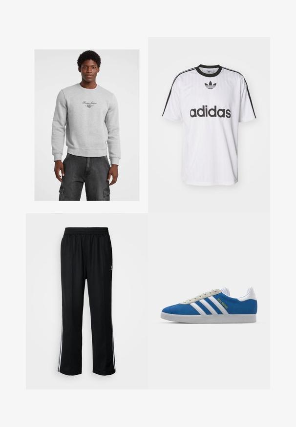 Grijze sweatshirt met ronde hals, ribbelmanchetten en onderrand. Beschikt over het 'Guess Jeans' logo en embleem in het zwart op de borst. Draag het met een donkere cargobroek.; Witte Adidas t-shirt met zwarte accenten, een ronde hals en een groot zwart logo op de voorkant. Korte mouwen met zwarte strepen. Gestructureerde stof.; Zwarte sportbroeken met een elastische tailleband, voorzien van witte zijkanten en een klein logo. Het materiaal lijkt zacht en lichtgewicht te zijn.; adidas Originals ADIDAS GAZELLE SHOES - Zaalvoetbalschoenen - real madrid/bluebird/footwear white/crew yellow